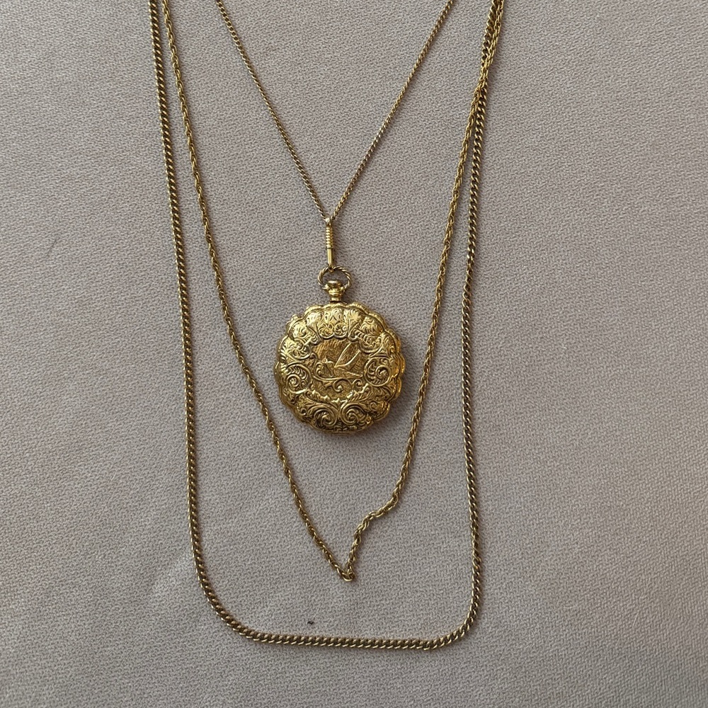 VTG 70s Goldette Statement Pendant Layered Necklace Pocket Watch Style Locket - Picture 3 of 9